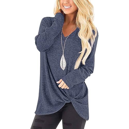 SimpleFun Womens Tops Long Sleeve Shirts V Neck Loose Fit Twist Knotted Fall Tunic Sweaters Blouses