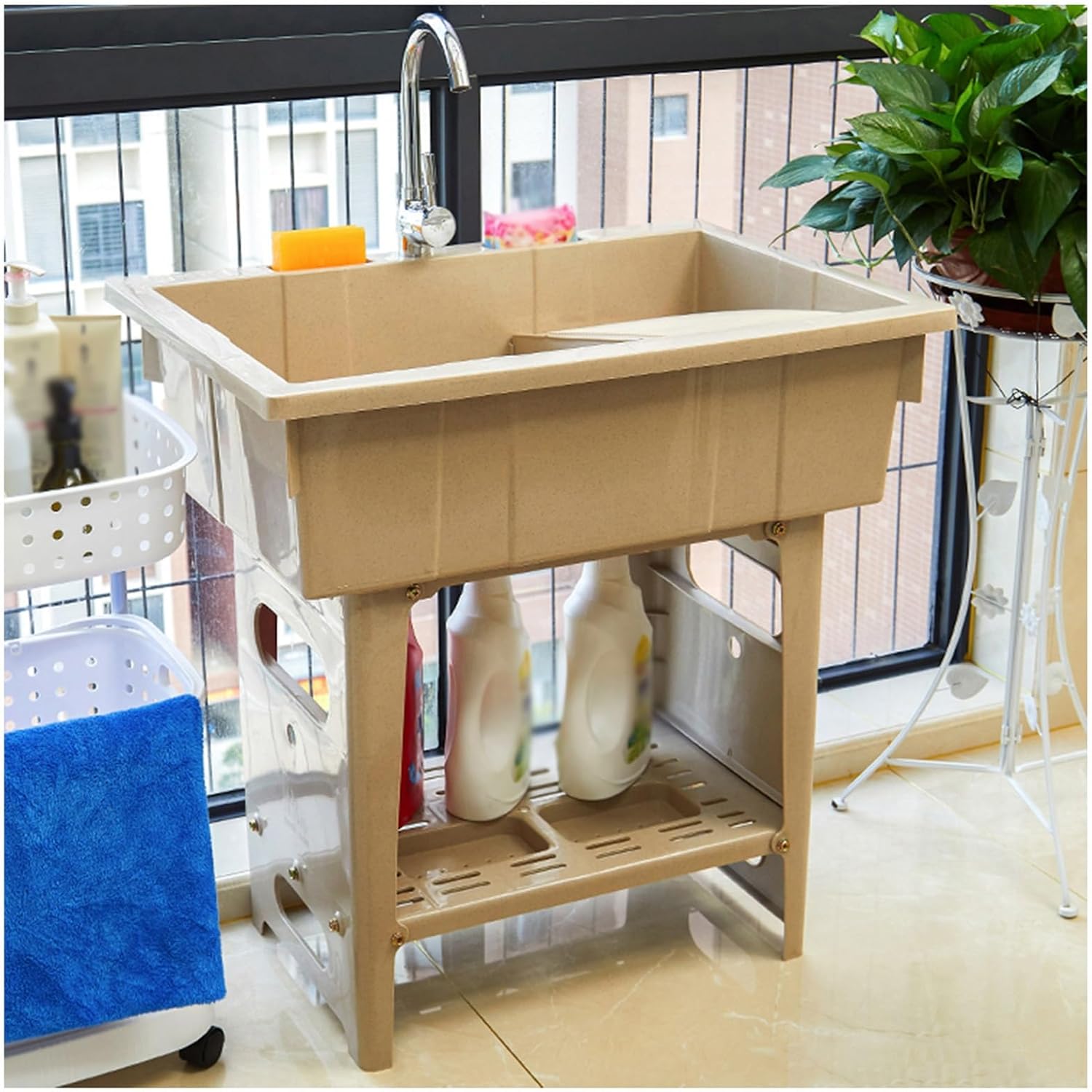Freestanding Laundry Sinks with Scrubbers Utility Sink Portable Plastic Outdoor Laundry Cleaning Basins for Garden Garage Basement(Brown)