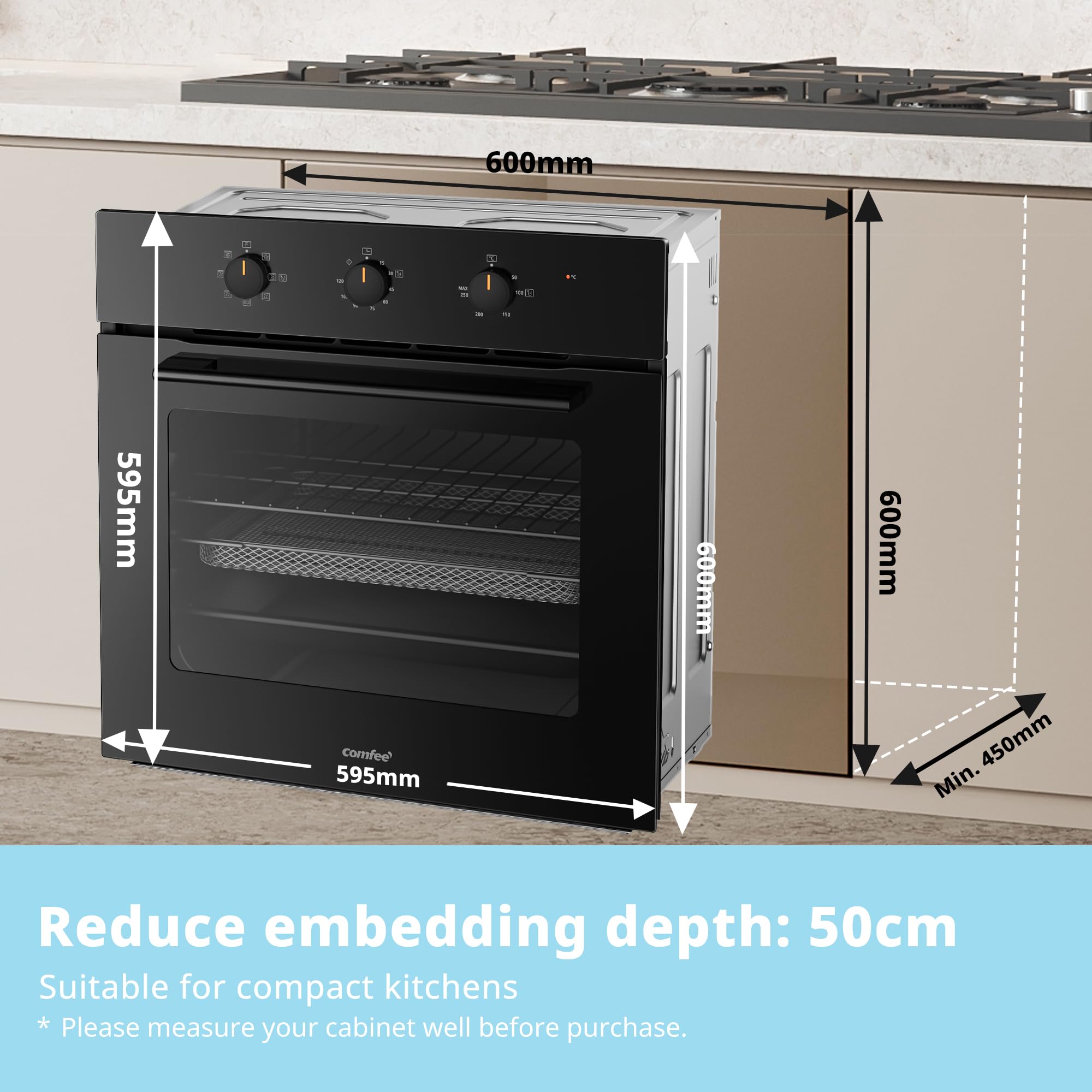 COMFEE' 60L, 60cm Wide, Single Electric Built-in Fan Oven, 8 Function with Air Fry, Multiphase Cooking and Easy Cleaning Removable Door, Color Black - CBO60M80M1-BK — view 7