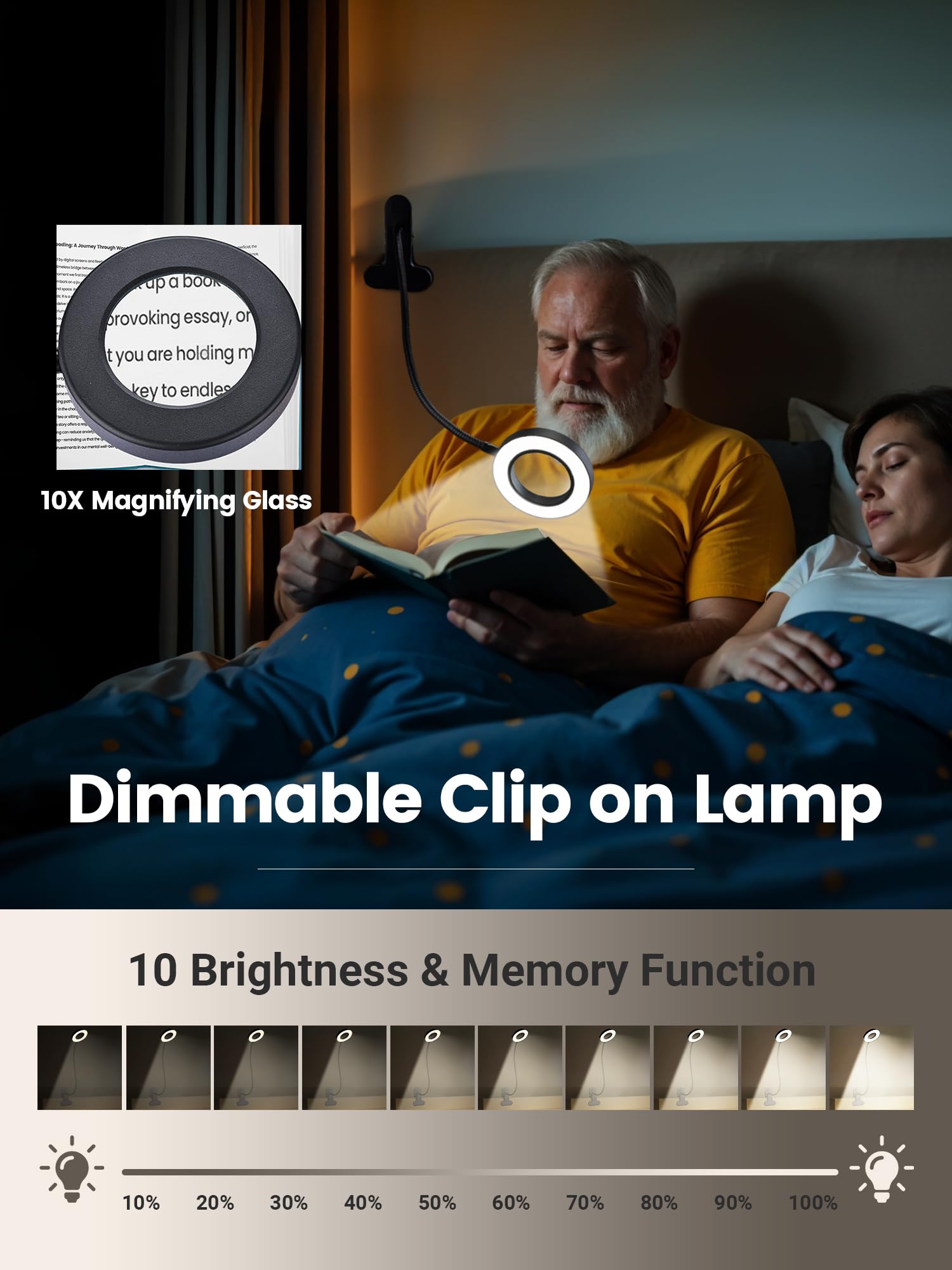 Lupa de 10 aumentos con luz, 3 colores + lámpara de lectura de 10 brillo, lupa de 58 LED con luz, lupa iluminada de 750 lúmenes para leer, lámpara de clip para escritorio, cama, trabajo, uñas