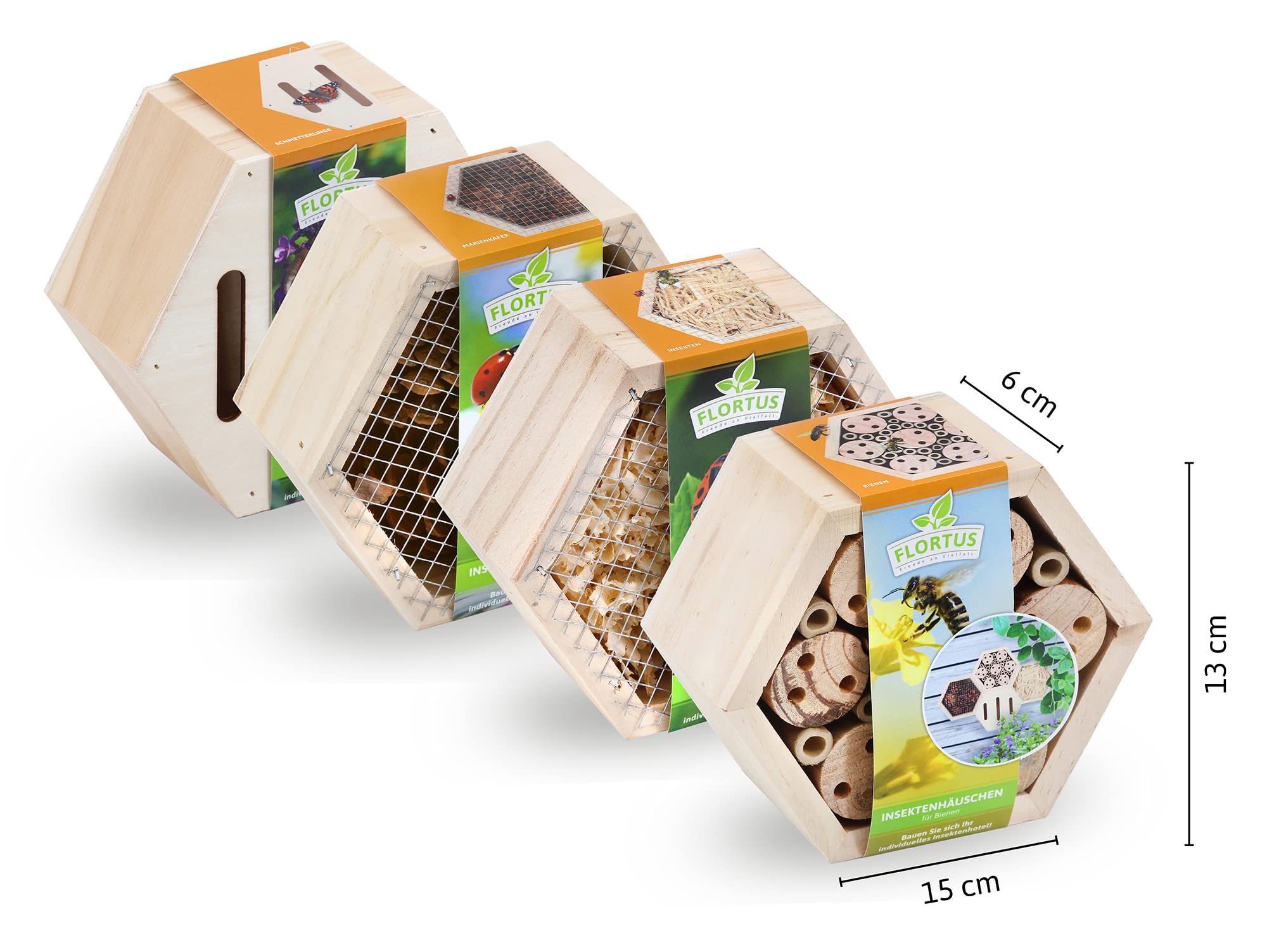 FLORTUS Insektenhotel Set | Bienenhotel Schmetterlingshaus und Marienkäferhaus | Insektenhotels kombinierbar für Garten, Balkon und Terrasse