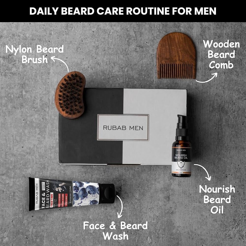 Rubab Men 4-in-1 Beard Kit for Men| Advance Beard Growth Oil, Face & Beard Wash, Beard Brush & Wooden Beard Comb| Everyday Beard Grooming Care - Image 2 thumbnail