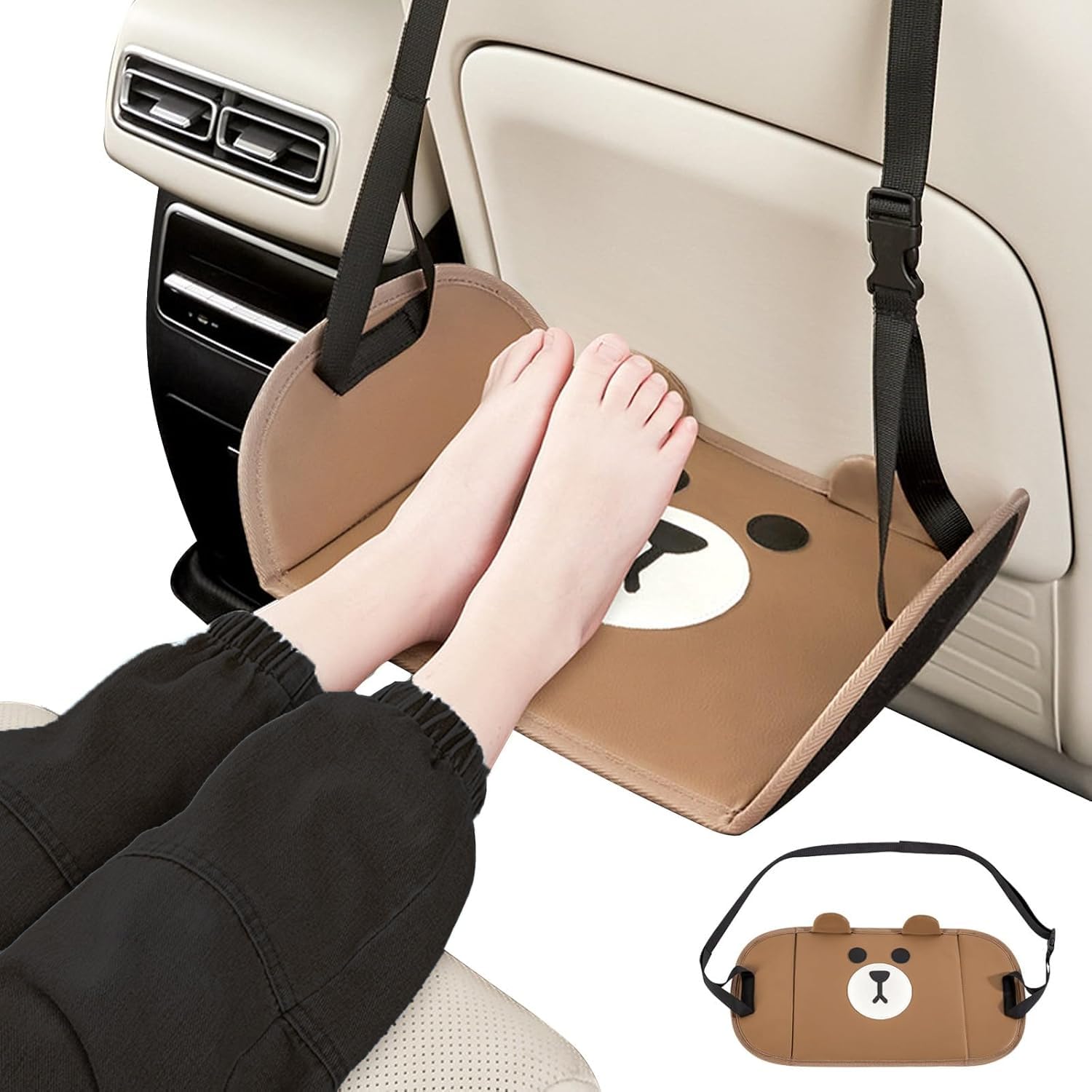 YUNYU Hamaca de pies ajustable para avión y coche, diseño de dibujos animados, soporte portátil de tela de poliuretano, 1 reposapiés marrón para niños y adultos