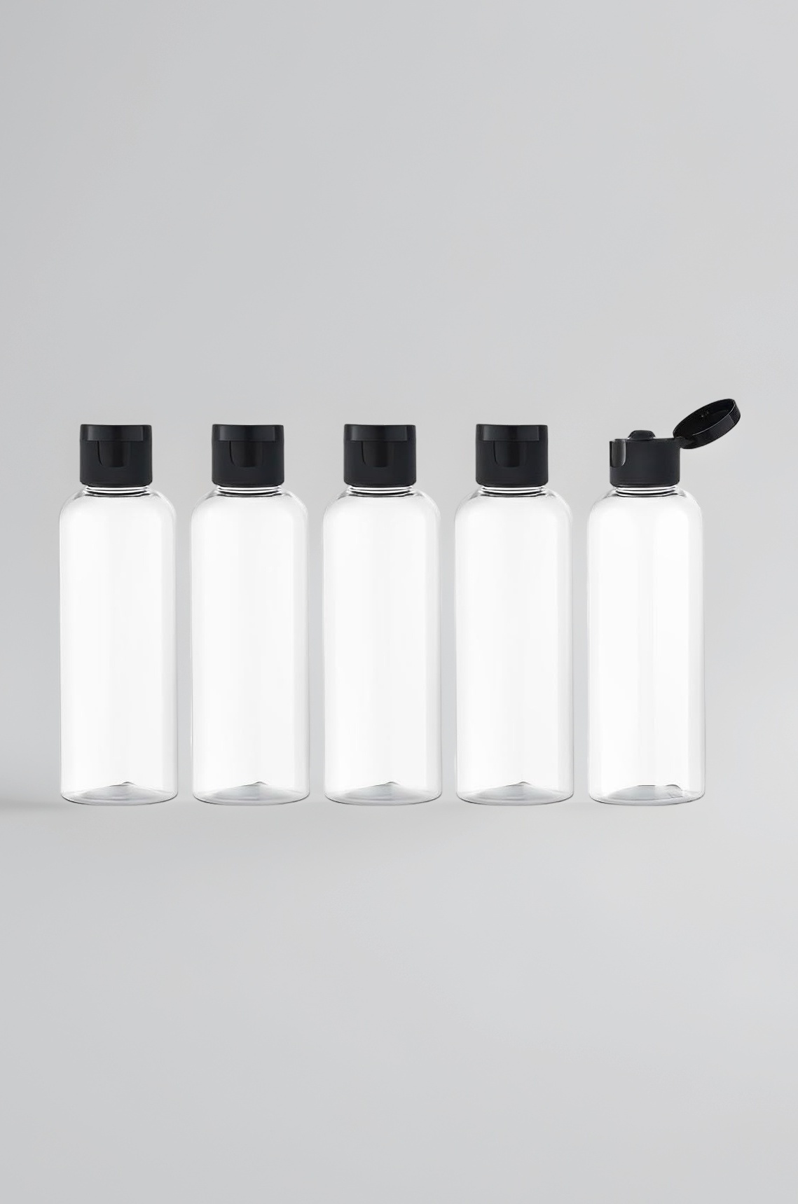 Hunky Dory 5pcs 100ml Empty Clear Plastic Bottles Refillable Travel Size Cosmetic Travelling Containers Small Leak Proof Squeeze Bottles with Black Flip Cap for Toiletries,Shampoo, Lotion.(Pack of 5)