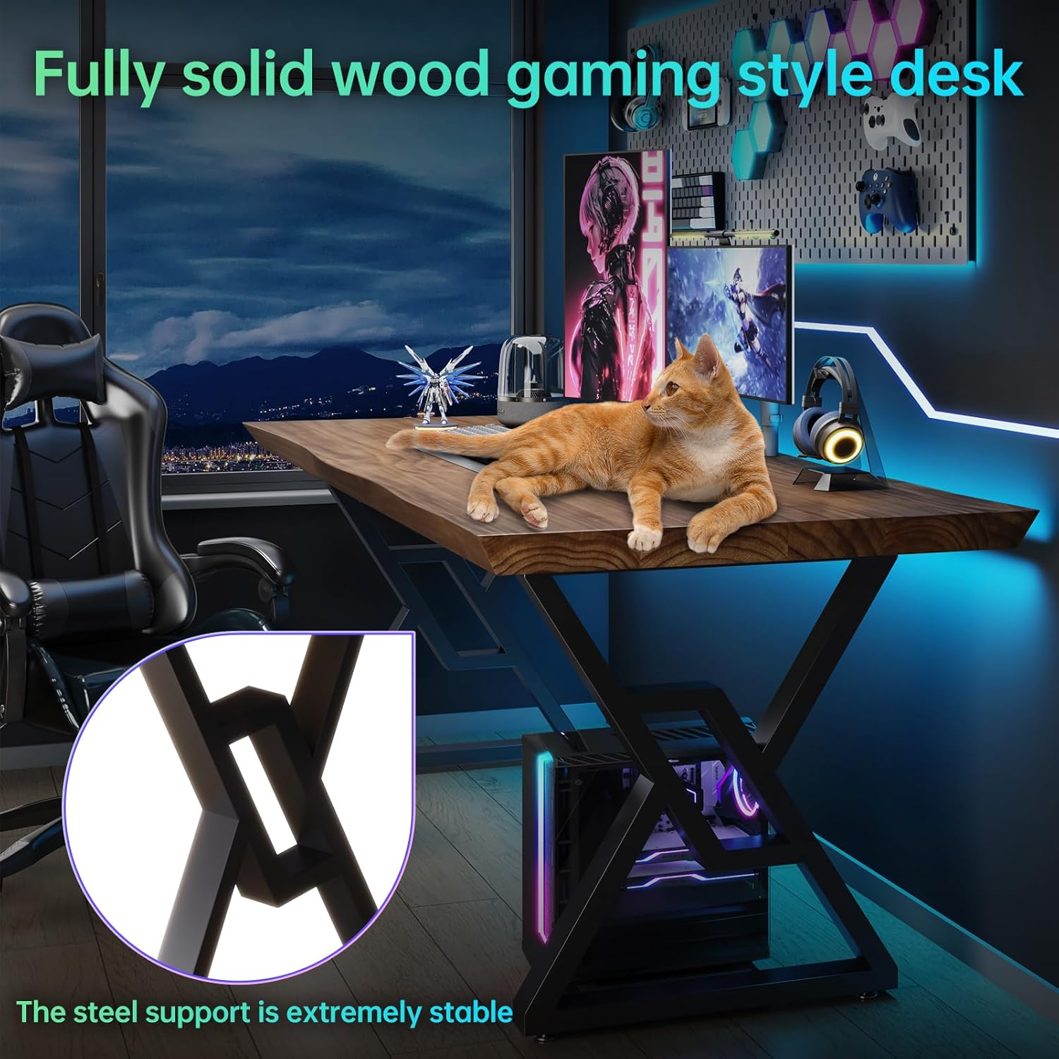 Solid Wood Rustic Style 55.1-inch Computer Desk - Large Office Desk for Home Office, Modern and Simple Design, Ideal for Dining,Study, Writing (Black-w, 55.12 * 27.56 * 29.53)