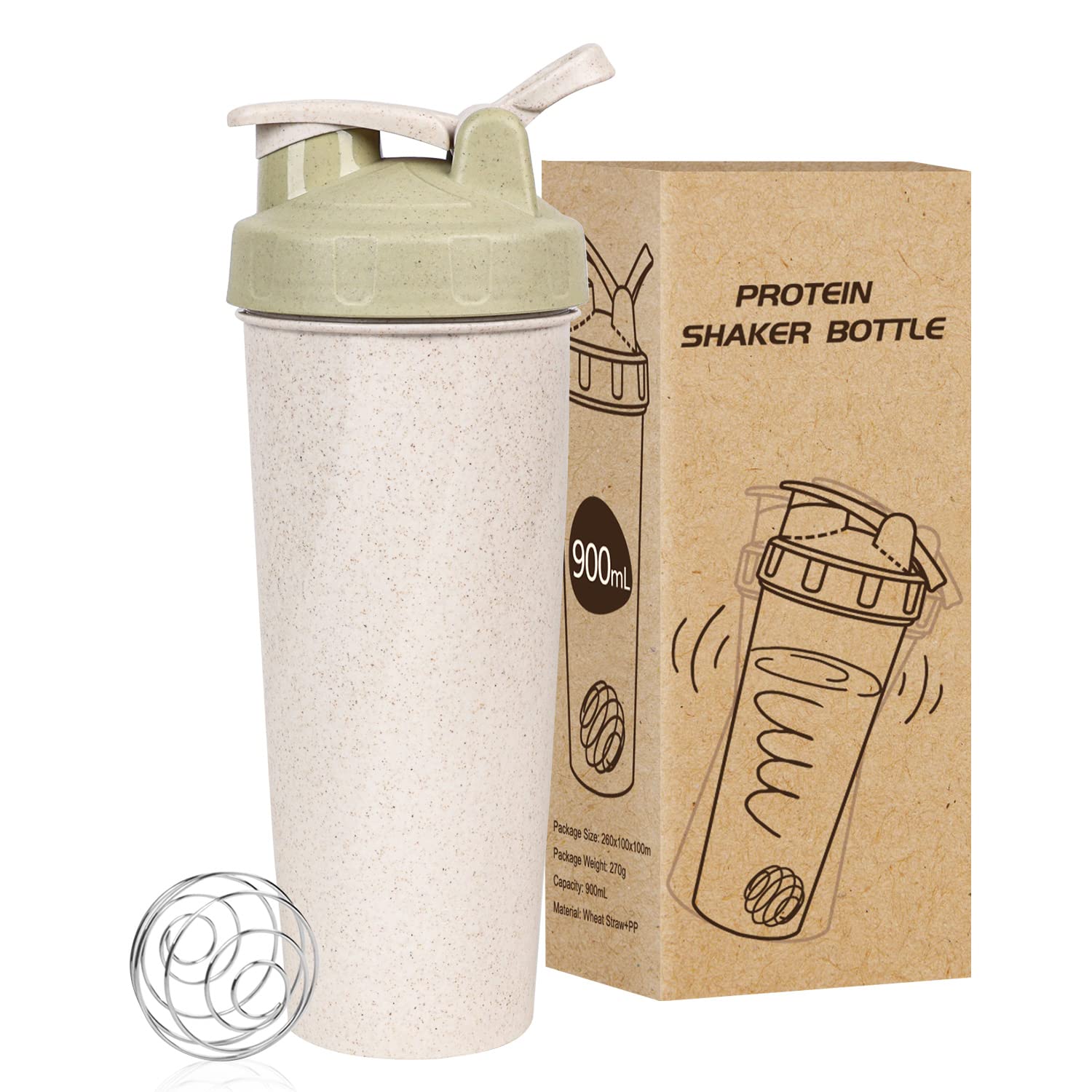 ROCKY&CHAO Protein Shaker Green 900ml, Eco Friendly Protein Shaker Bottle, 32oz High Capacity | BAP Free | Adjustable Handle | Leak-proof Lid | Dishwasher Safe, Ideal Protein Shakes for Women and Men