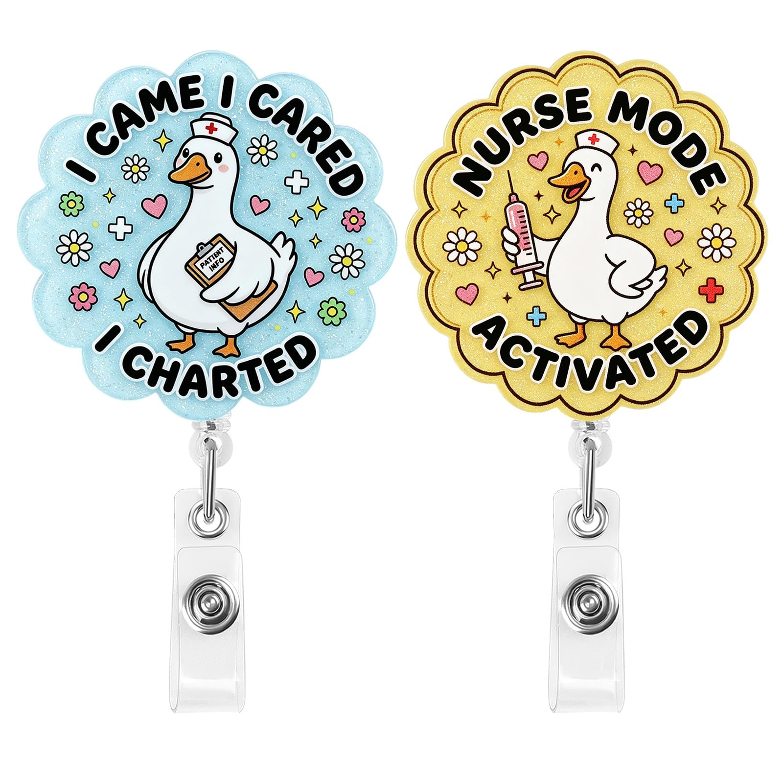 2Pcs Funny Goose Nurse Badge Reel Cute Goose Badge Reel Retractable with Alligator Clip for CNA RN LPN Nursing Student Decor