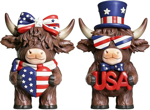 Exasinine 4th of July Highland Cow Figurines America 250th Anniversary Patriotic USA Cow Resin Statues with American Flag Red White Blue Farmhouse Home Kitchen Office Decor