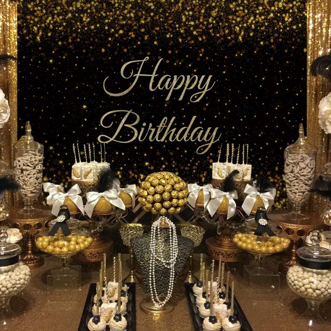 Lіmіtеd Dіѕсоunt Allenjoy 8x6ft Fabric Black Golden Happy Birthday Themed Party Supplies Backdrop for Kids Photography Gold Glitter Sparkle Dots Decorations Background Studio Portrait Pictures Photoshoot Props Favors