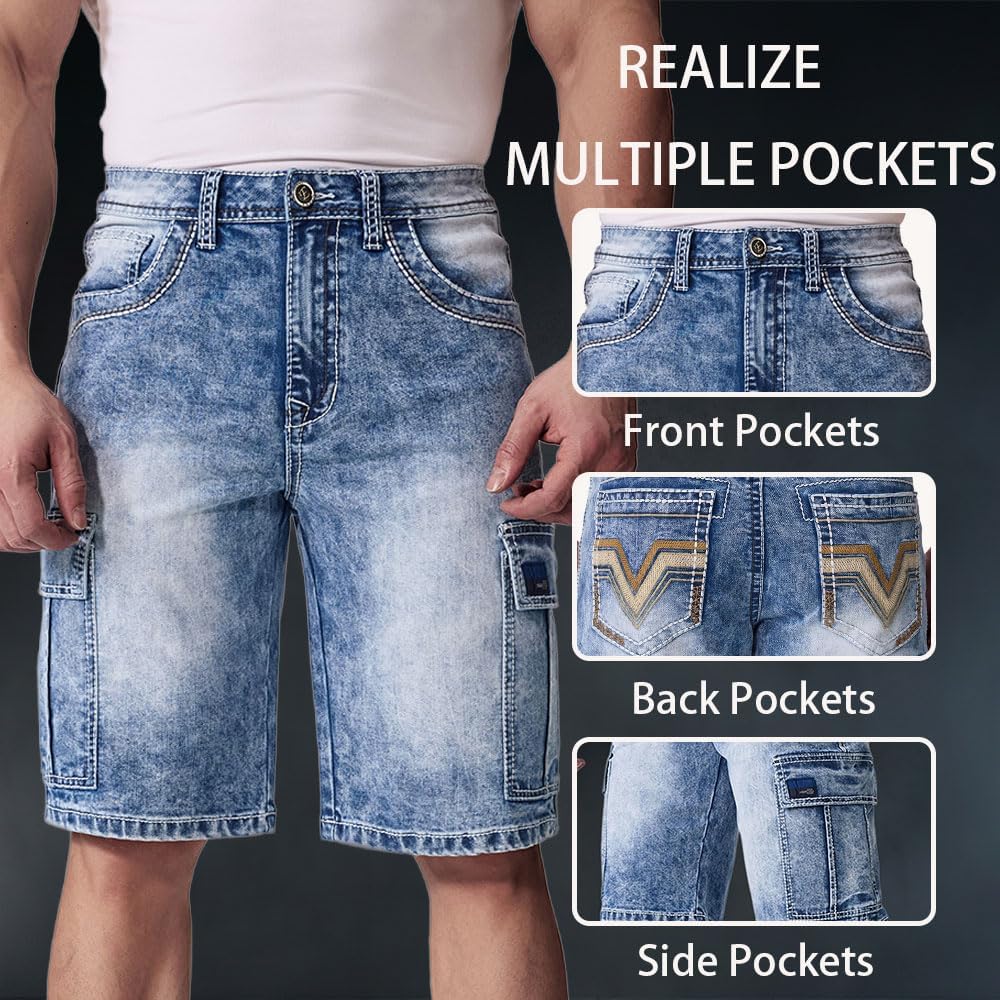 Jean Shorts Men’s Comfort Flex Waistband Jean Short Casual Denim Knee Length Washed Denim Jeans Shorts