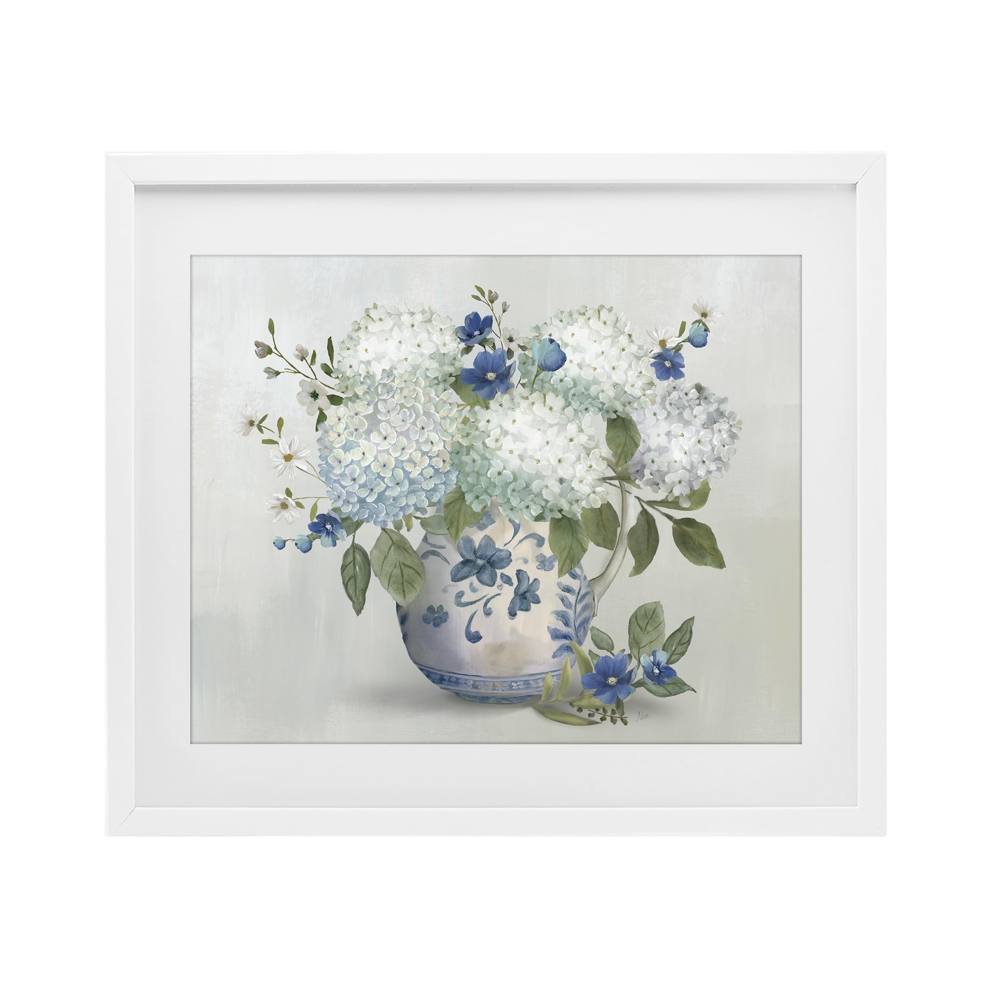 Stupell Industries Ivory And Blue Hydrangea Vase, Elegant Botanical Floral Decor for Dining Room, 13 x 16 Inch Framed Matted Print Under Glass, by Nan, Made in USA Gift