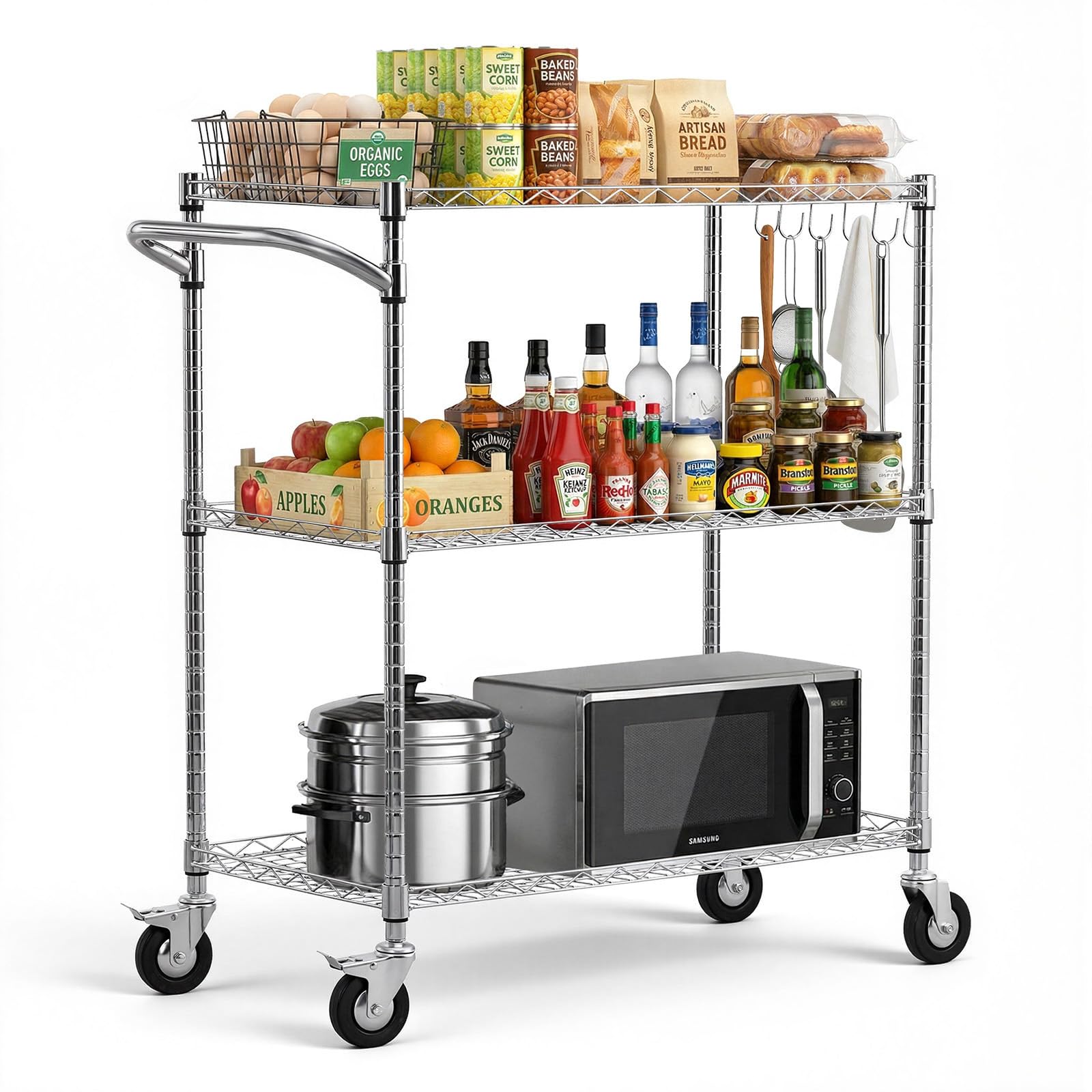 VEVOR Carrito de Cocina de 3 Niveles, Estante de Almacenaje de Alambre Ajustable, Carrito Auxiliar con Ruedas Giratorias y Asa, Carro de Servicio para Cocina, Garaje, Lavadero, 89 x 45,3 x 104 cm