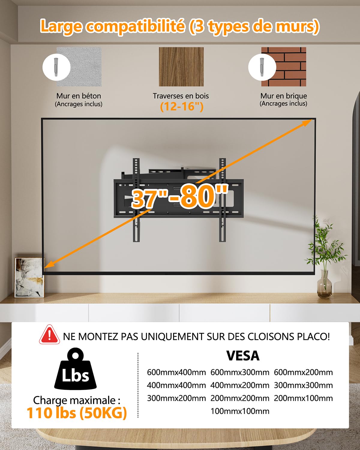 FORGING MOUNT Support Mural TV à Extra Longue, Portée 1090 mm, 37-80 Pouces | VESA max 600x400 mm, Charge maximale 50 kg, Support mural TV d'angle Plats/Incurvésde et rotation, Écrans plats ou incurvés