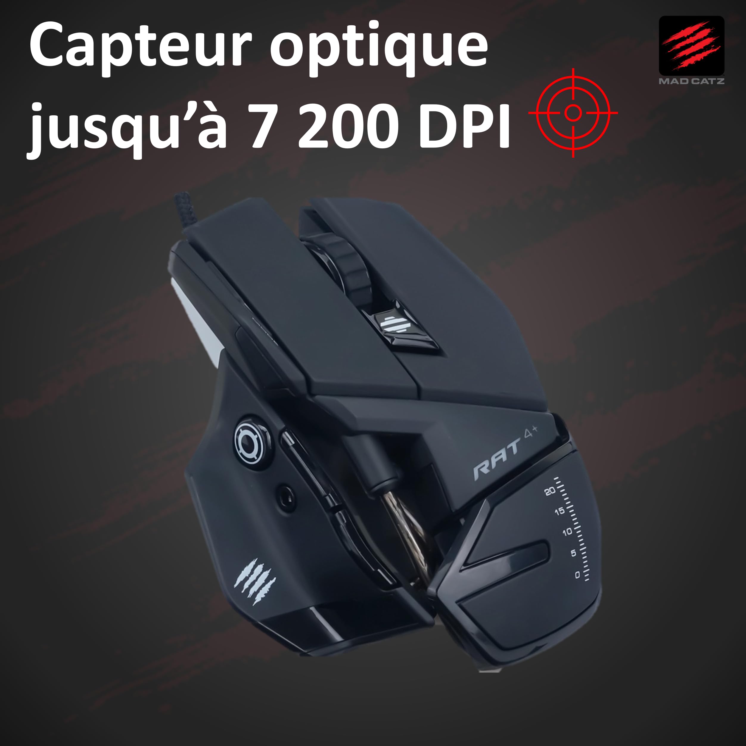 Mad Catz Rat 4+ Souris Gamer Filaire USB - Souris Ergonomique 7 Boutons Programmables - Capteur Optique Pixart PMW3330 7200 DPI - Souris Gaming Pour Pc Noir Avec Led Rouge Et Repose Poignet Reglable