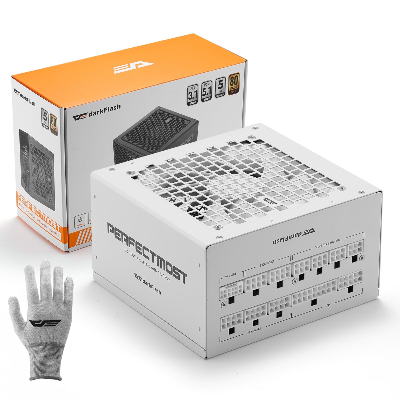 darkFlash PMT850 Vollmodulares ATX 3.1-Netzteil, 80 Plus Gold Effizienz, PCIe 5.1 & 12VHPWR-Unterstützung, 100% Japanische 105°C-Kondensatoren, Kompakte 150-mm-Bauweise (Weiß)
