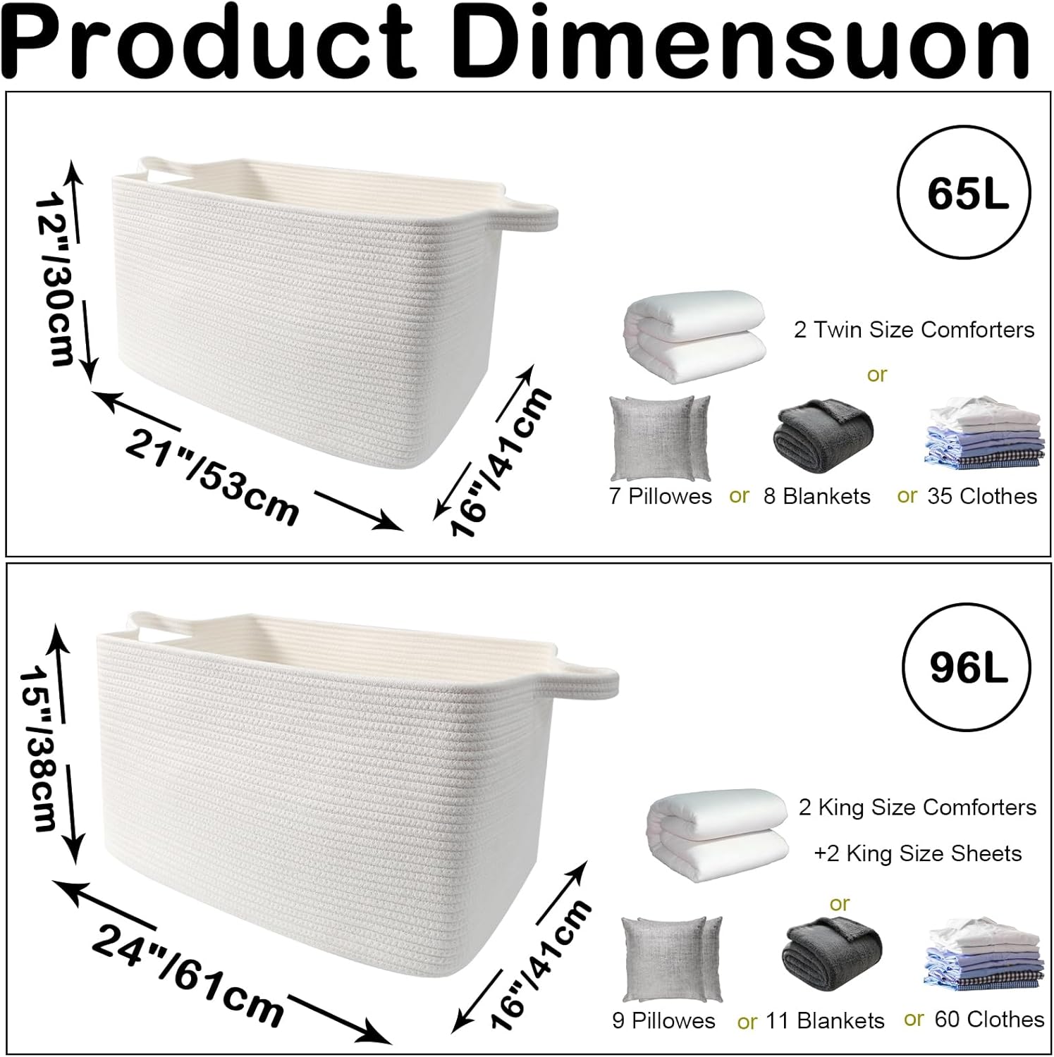 Large Blanket Basket,Woven Rope Basket Storage Bin with Handles,65L Rectangle Laundry Basket for Magazines,Toys,Clothes,Newspaper Shelf Organization,Nursery and Living Room,White