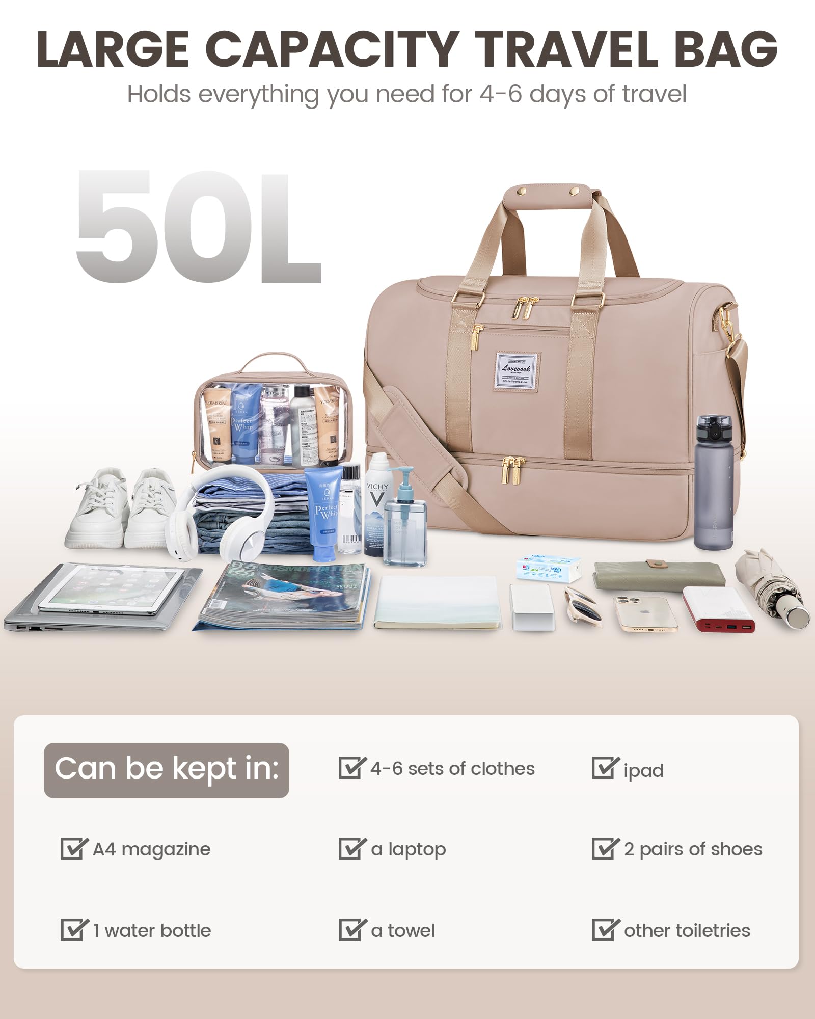 LOVEVOOK Sporttasche Reisetasche 50L Wasserdicht mit Kulturtasche Schuhfach Nassfach Handgepäck