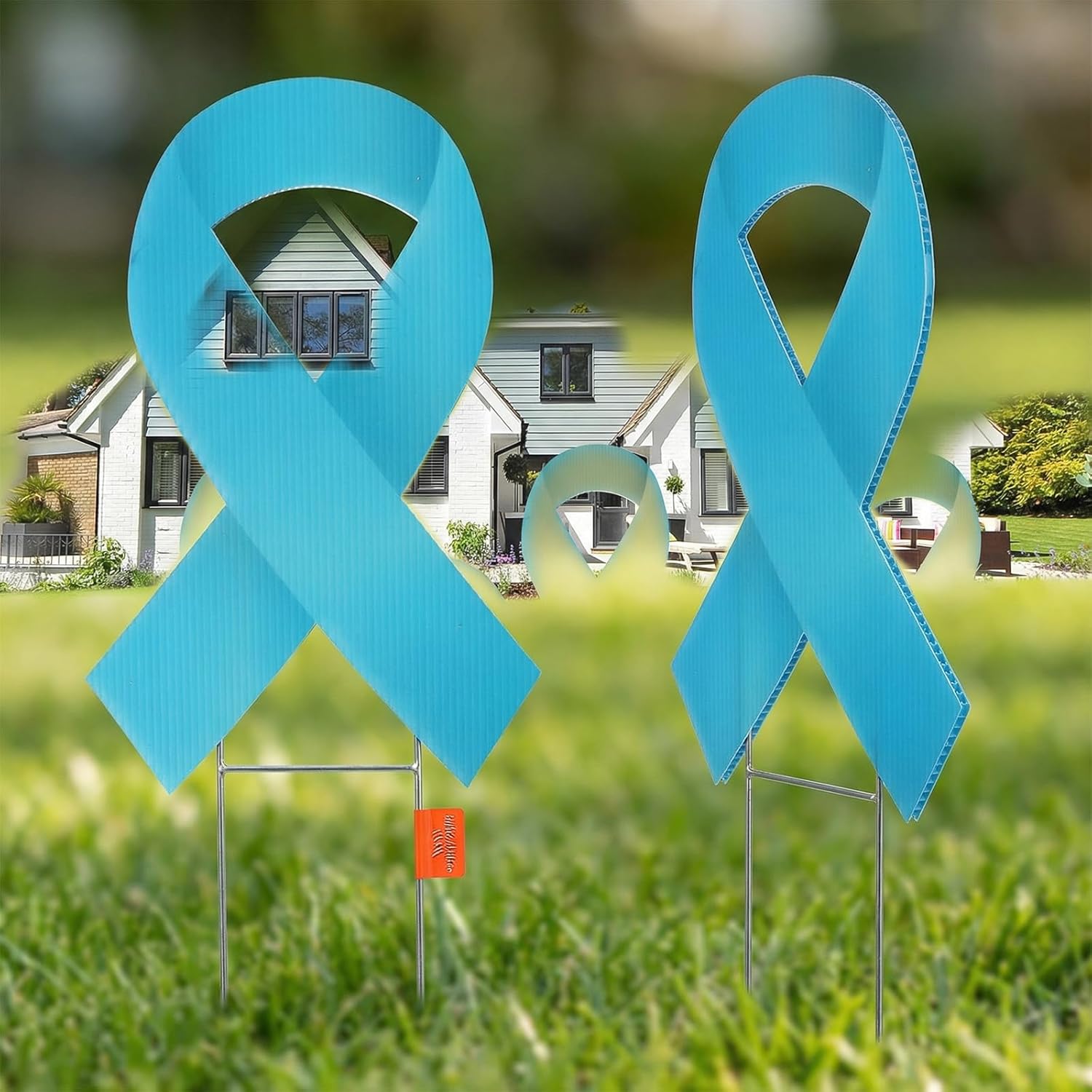 5pcs Large Ribbon Awareness Yard Signs with Metal Stakes 14" Ribbon Health Awareness Lawn Stakes Waterproof Patio Sign for Outdoor Garden Decorations/Teal