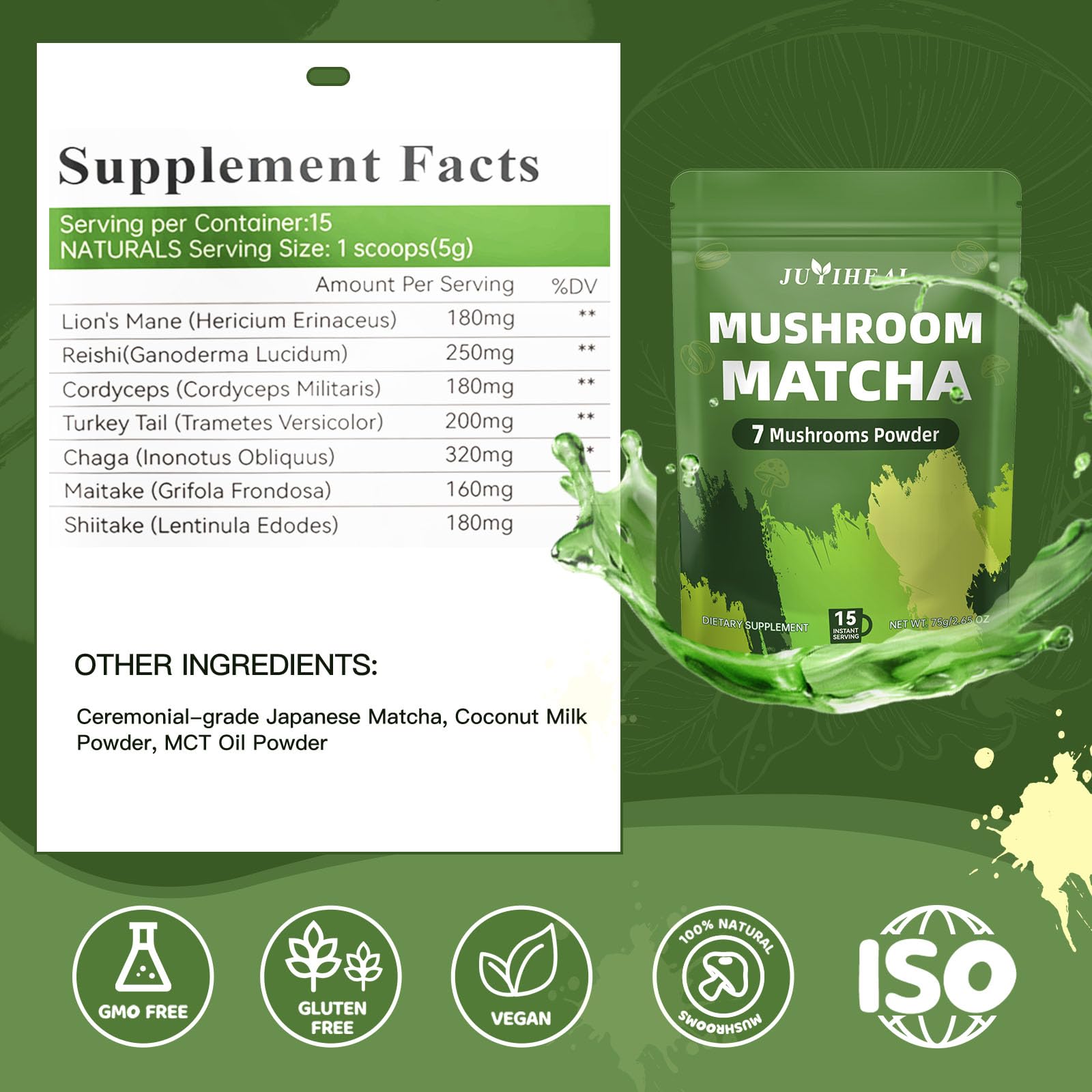 JUYIHEAL Mushroom Matcha Japanese Ceremonial Matcha Infused with 7 Superfood Mushrooms MCT Oil Coconut Milk Powder Energy Focus — view 2
