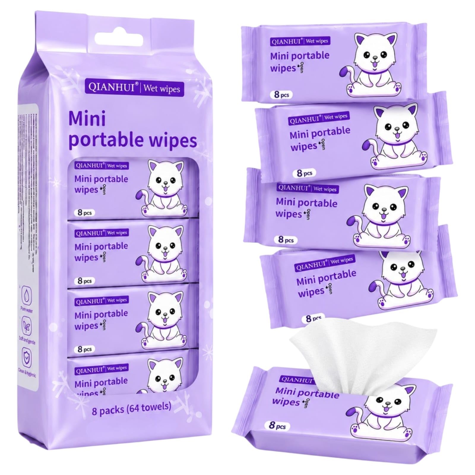 TERA13 Mini Portable Wet Wipes Pack, Soft & Gentle Pocket Water Tissue, Travel Friendly Disposable Wet Tissues, Hand & Face Wipes Baby Sanitizing Cleansing/Moisturising Wipes (64 Wipes x 1 Pack)-image-21