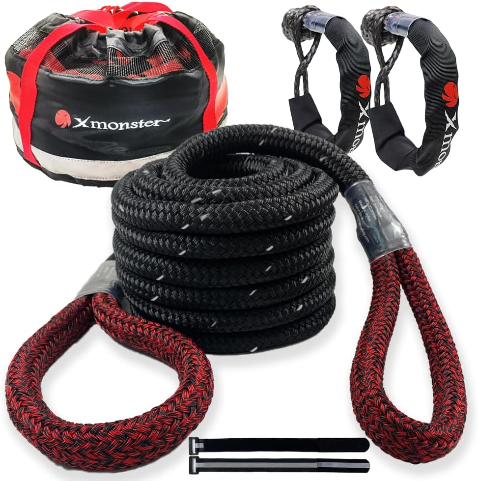 Cuerda de remolque de recuperación cinética de 34 pulgadas x 20 pies (MBS 22,000 libras) con cinta reflectante y 2 grilletes suaves (35,000 libras),