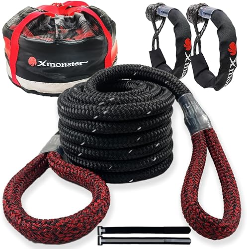 Cuerda de remolque de recuperación cinética de 34 pulgadas x 20 pies (MBS 22,000 libras) con cinta reflectante y 2 grilletes suaves (35,000 libras),