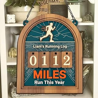 Personalized Running Miles Tracker Sign - Wooden Yearly Mileage Log Board - Custom Marathon Training Counter - Rustic Fitness Wall Decor - Unique Runner Gifts for Men & Women