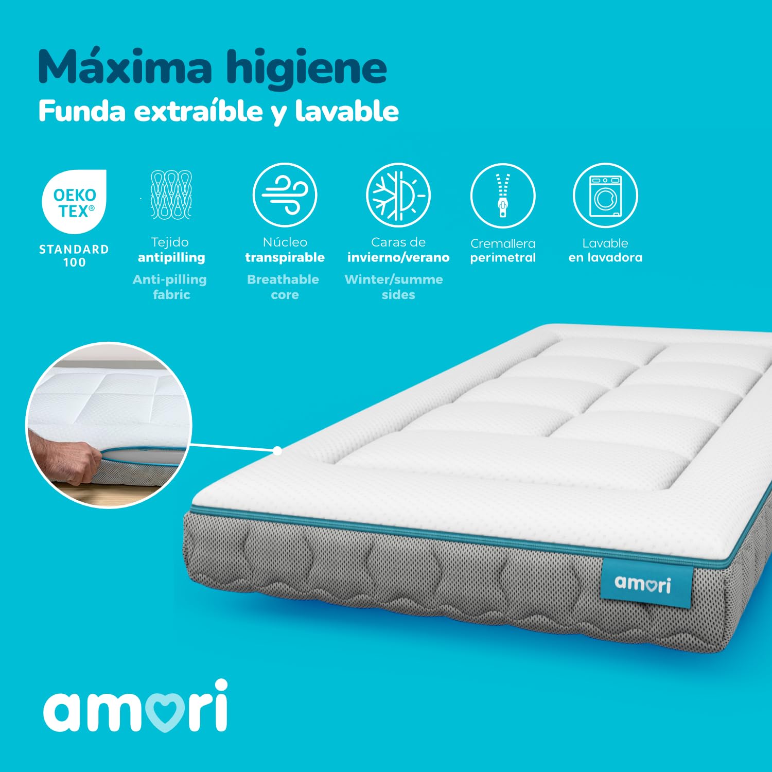 AMORI Colchon Cuna 60x120 cm | Viscoelastico 2cm | 12cm Grosor Certificado UNE-EN 16890 | Funda Lavable | Invierno - Verano | Antiácaro | Certificado Oeko-Tex | Hipoalergenico Comfort Plus