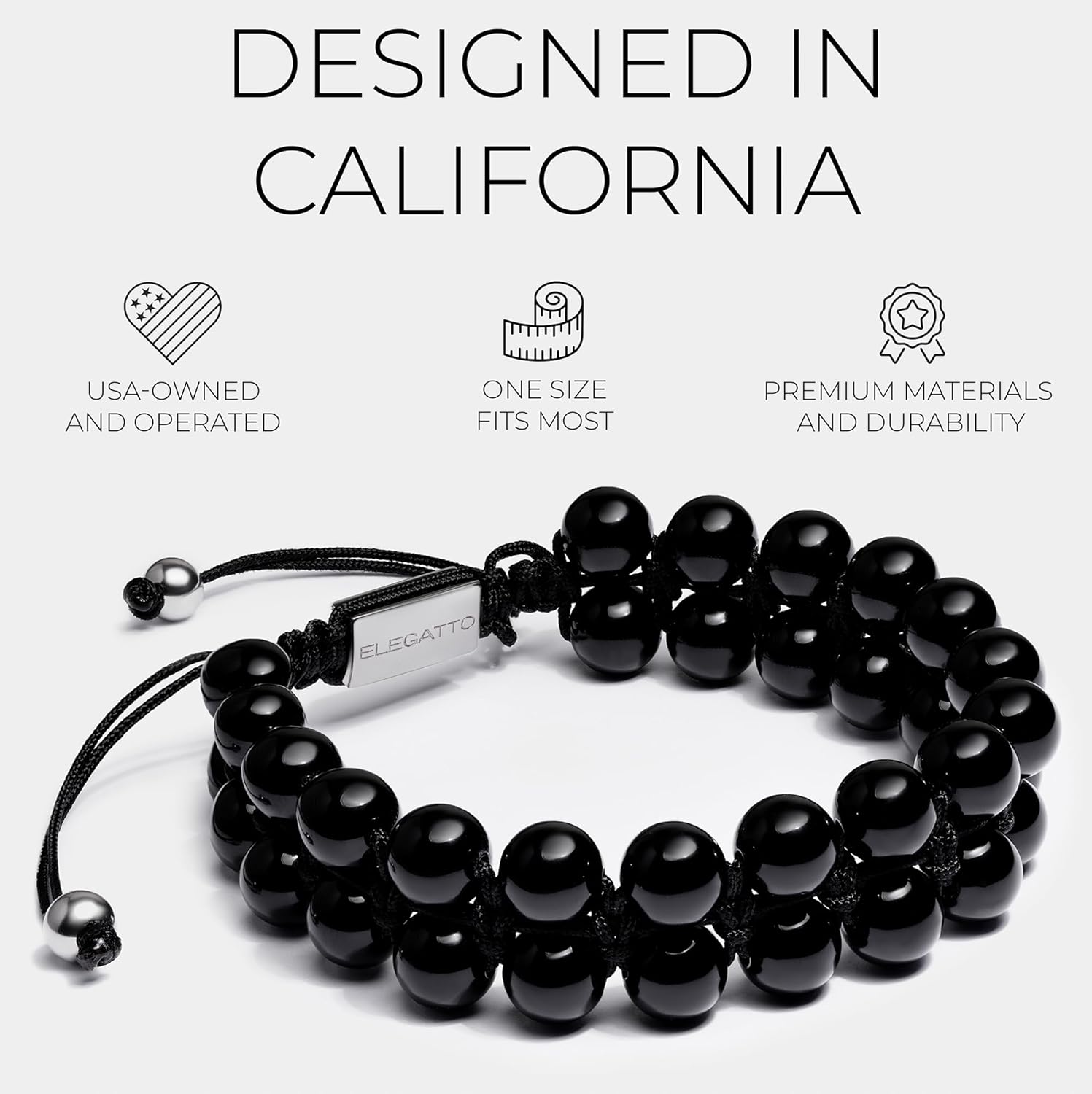 Elegatto GenBlack Premium Black Agate Beaded bracelet for Men | Unique Stones with Silver Polished Stainless Steel Clasp | Men’s Designer Bracelets | One Size (Adjustable) - Image 2