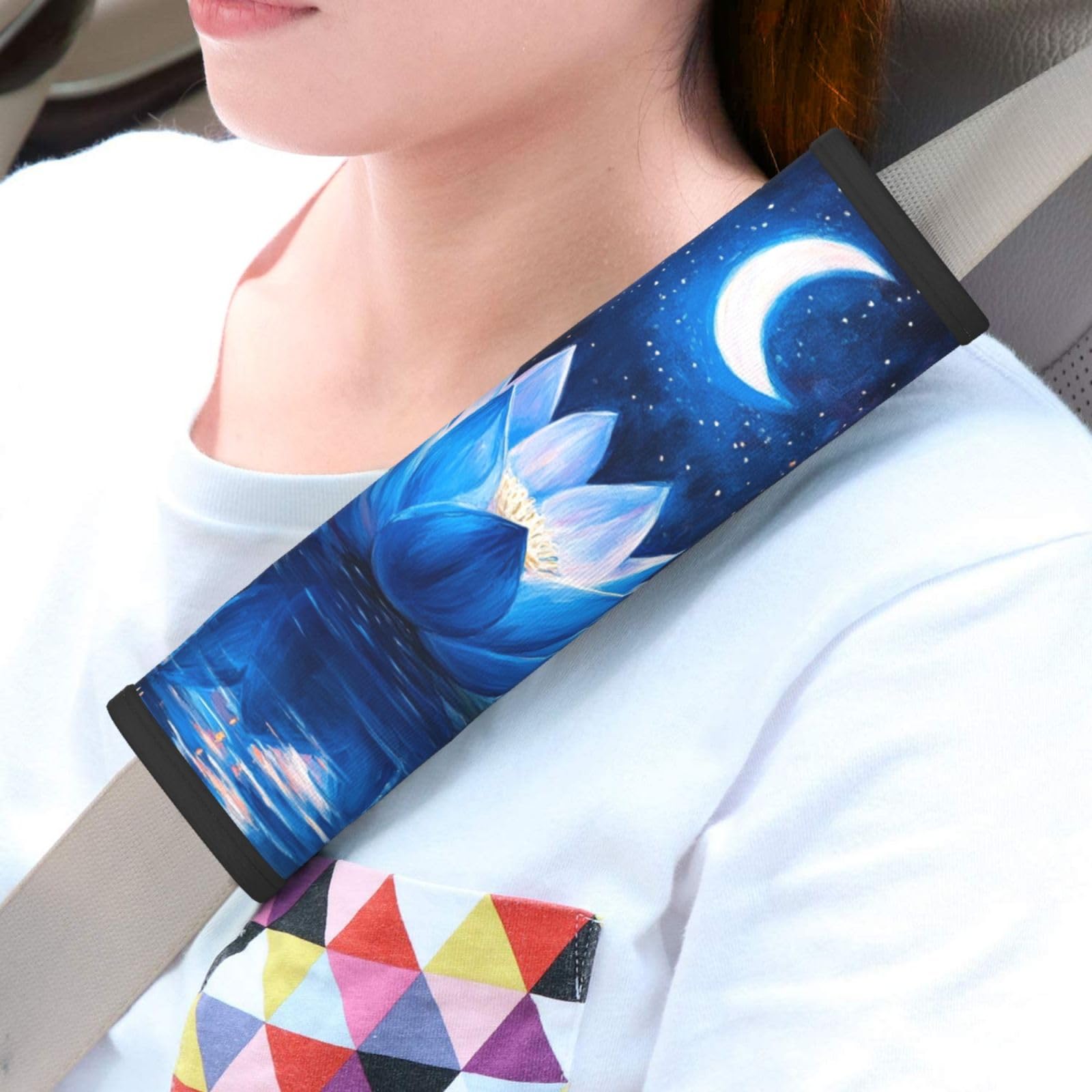 Blue Lotus Flower Moon Car Seat Belt Cover 2 Pack Seatbelt Strap Shoulder Pad Protector Universal Comfort for Car