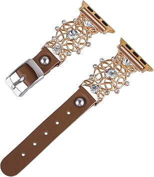 Designer Jewelry Compatible with Apple Watch Band 38mm 40mm 41mm 42mm 44mm 45mm 49mm iWatch Series 8/7/6/5/4/3 SE Ultra Women Girls, Cute Bling Luxury Metal Dressy Bracelet with Leather Strap