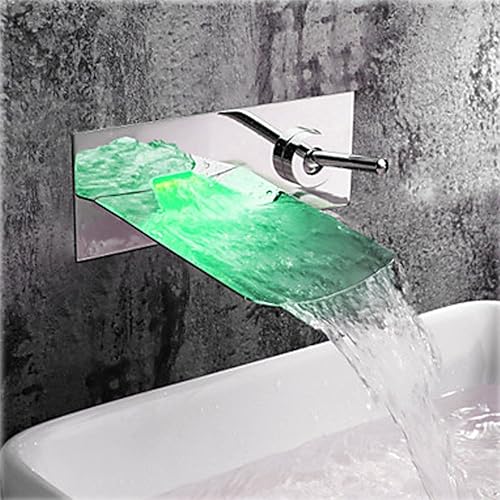 Miniatura 2 de Grifo de baño de cobre de cascada de una sola manija LED RGB de una sola manija, montaje en pared fregadero de cocina grifo de lavabo (cromo)