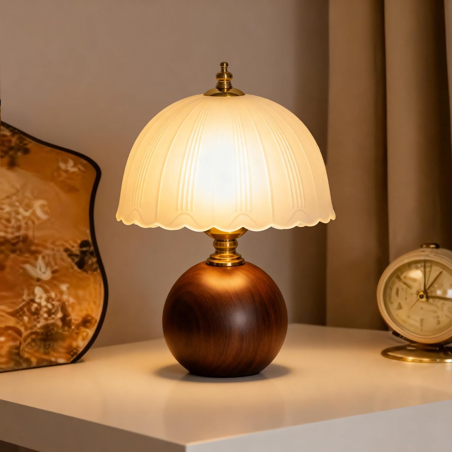 Decorative Wooden Table Lamp with Frosted Glass Shade, Dimmable Bedside Nightstand Lamp with E26 Socket & 6ft Cord, Small Accent Lamp for Bedroom & Living Room (White)