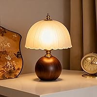 URLIGHTS Wooden Bedside Table Lamp with Frosted Glass Shade - Dimmable Nightstand Accent Lamp for Bedroom Living Room, White E26 6ft Cord