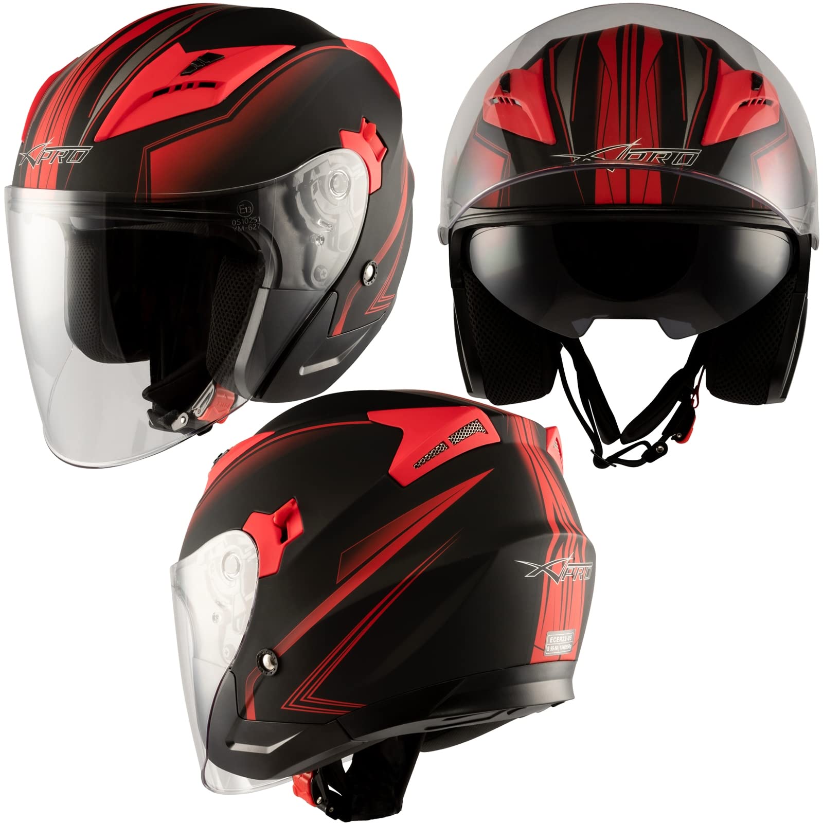 Casque Jet Moto Scooter Double Visière Certificat ECE 22-06 Noir Matt Rouge XL