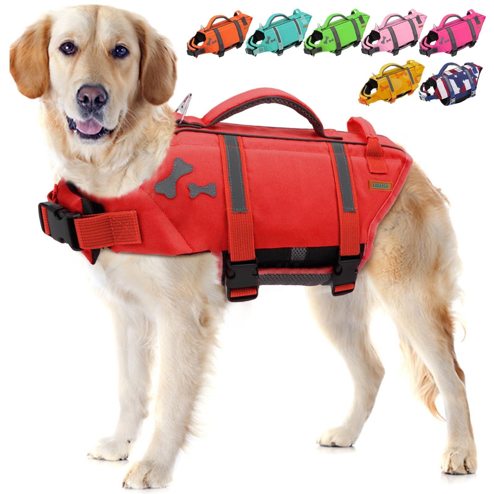 EMUST Dog Life Jacket, Lightweight Dog Life Vests with Rescue Handle for Small Medium and Large Dogs, Pet Safety Swimsuit Preserver for Swimming Pool Beach Boating, 2XL, NewRed