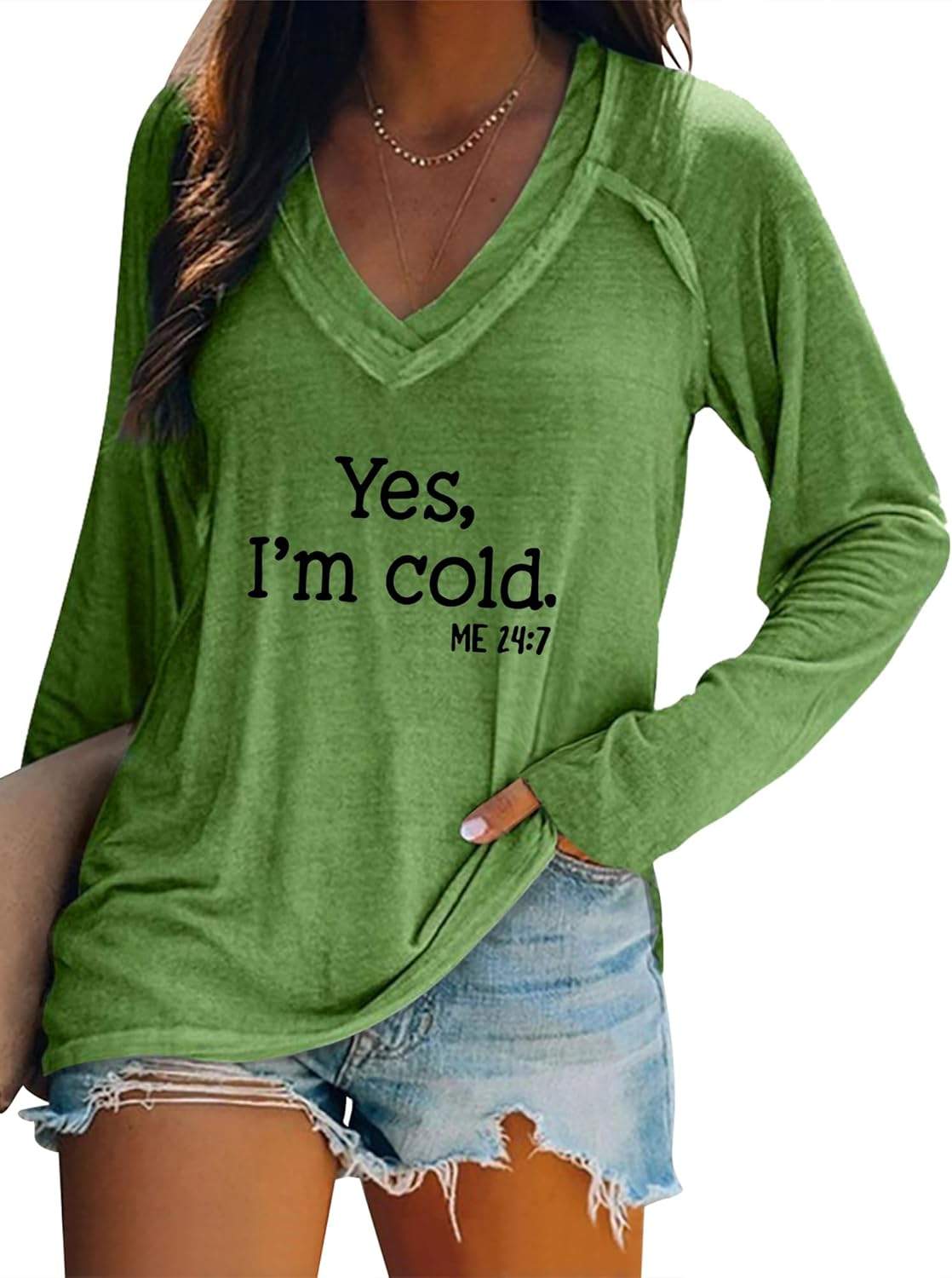 Womens Yes I'm Cold Sweatshirt V Neck Long Sleeve Shirts Casual Loose Graphic Sweatshirts