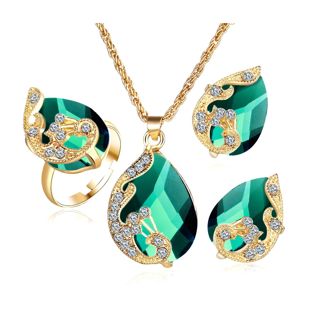 TOEECY Conjuntos de Joyas para Mujer y Niñas Cristal Pavo Real Colgante Collar Pendientes y Anillo Cubic Zirconia Fiesta Boda Nupcial Dama de Honor