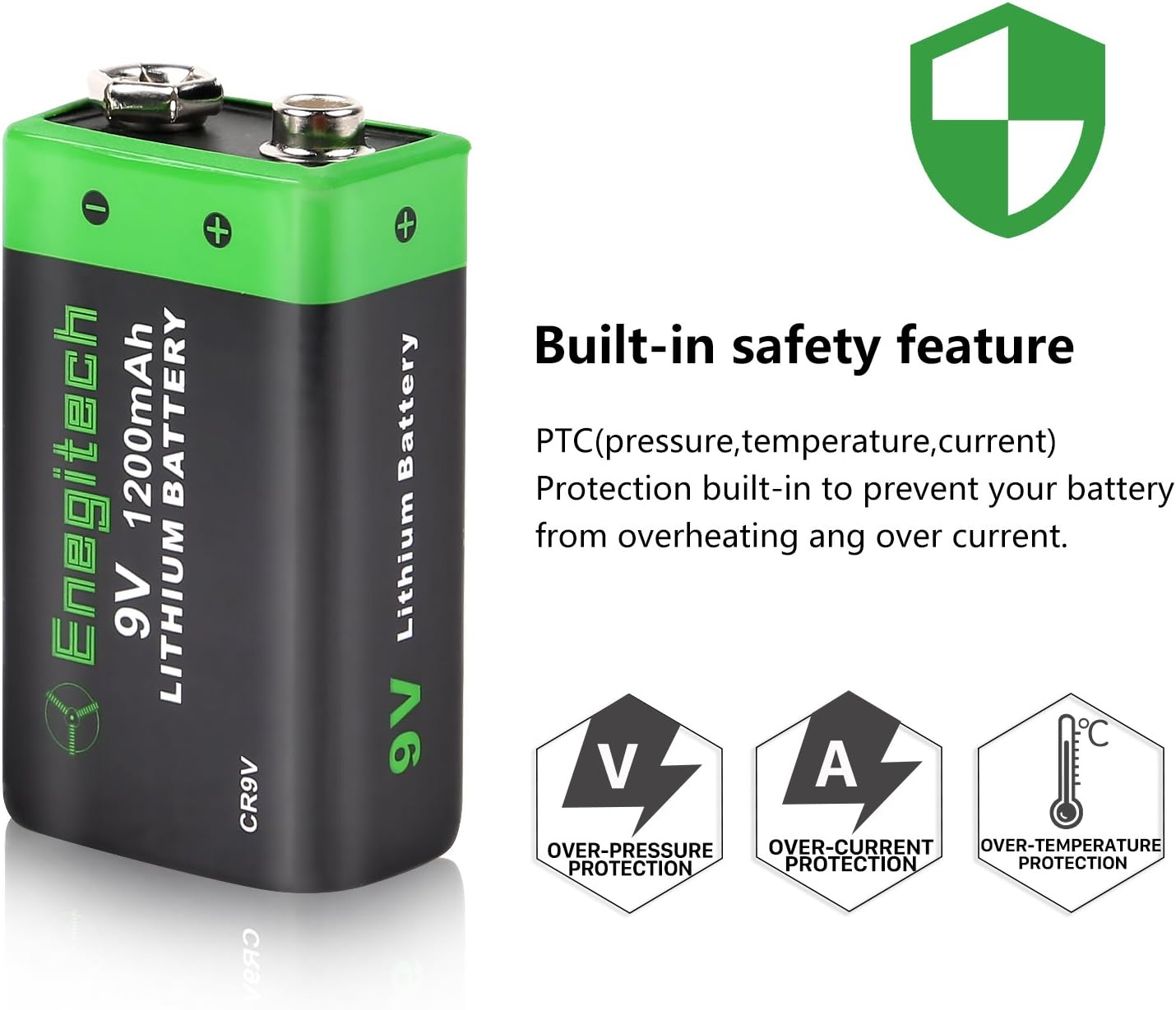 Enegitech 9V Lithium Battery, 9 Volt Battery 1200mAh Non-Rechargeable for Smoke Detector, Fire Alarm, Carbon Monoxide Detector, Metal Detector (9V 8 Pack)