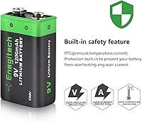 Vista 4 de Enegitech Batería de litio de 9 V, batería de 9 voltios, 1200 mAh, no recargable para detector de humo, alarma de incendios, detector de monóxido