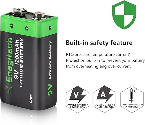 Miniatura 4 de Enegitech Batería de litio de 9 V, batería de 9 voltios, 1200 mAh, no recargable para detector de humo, alarma de incendios, detector de monóxido de