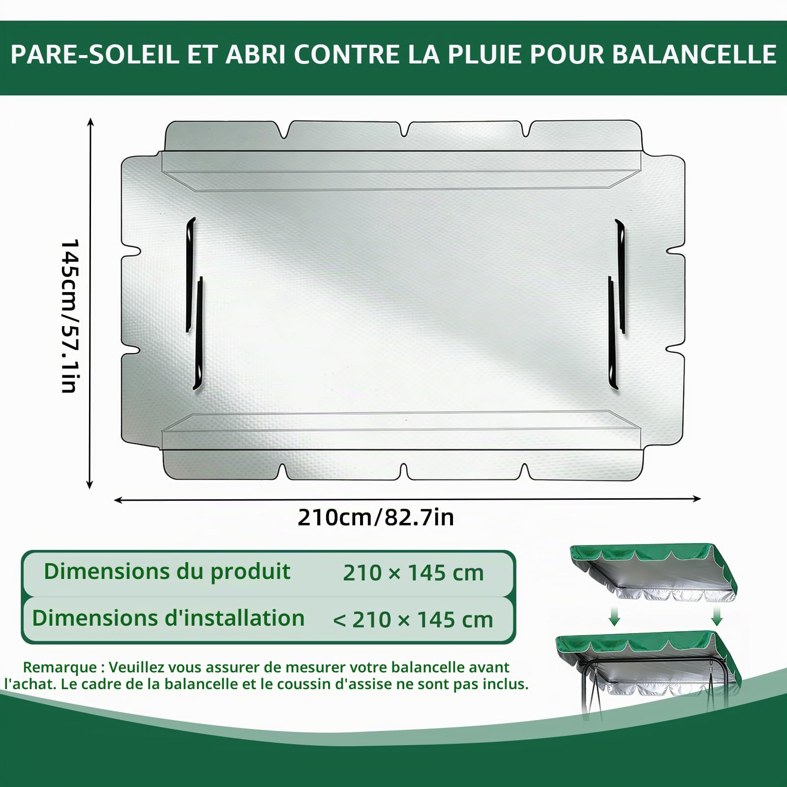 Toit de Rechange pour Balancelle de Jardin 210 x 145 cm, Toit de Rechange Universel pour Balancelle 3 Places, Imperméable Protection UV Convient pour Remplacer le Auvent d'un Toit de