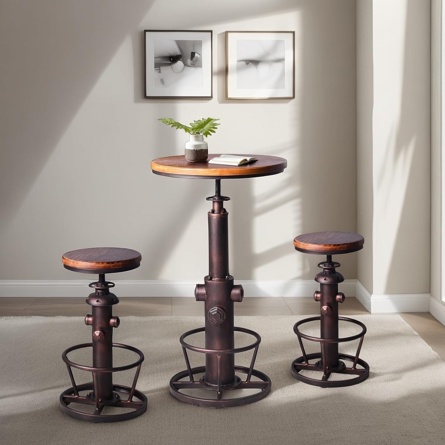 Industrial Bar Table and Bar Stools Set Vintage Bistro Table Set with 2 Bar Chairs Height Adjustable 38-44inch Swivel Wooden Top for Kitchen Dining Room Coffee House