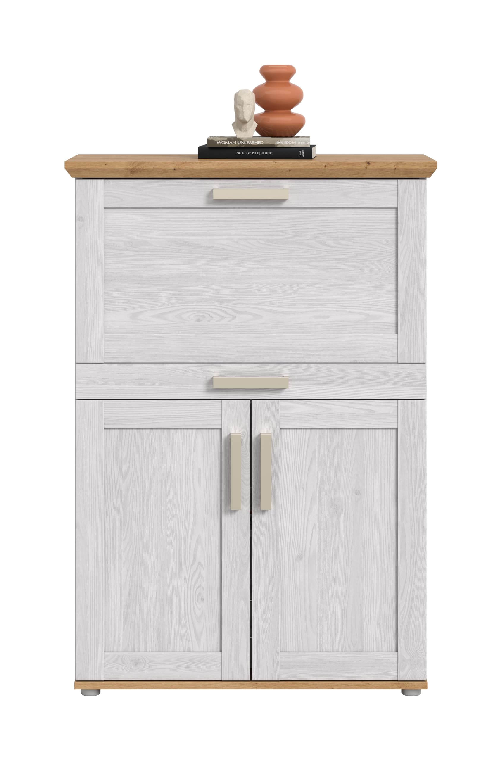 xonox.home – Sekretär Verona 84x122x42 cm in Sibiu Lärche & Artisan Eiche Nachbildung – Kompakter Arbeitsplatz mit 1 Klappe & 2 Türen – 5 Fächer bieten idealen Stauraum für Schreibutensilien & Post
