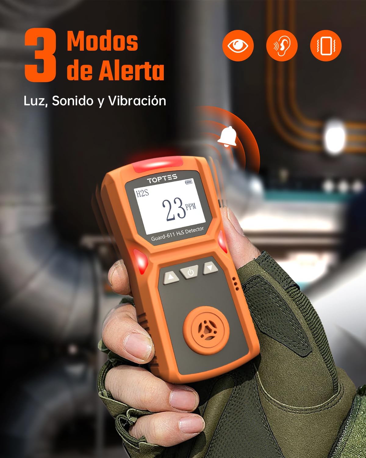 TOPTES Guard-611 Monitor de H2S, Detector de H2S con batería Recargable y autonomía de hasta 5 días, Alerta de batería Baja, diseño Seguro y a Prueba de explosiones, 0-100PPM-Naranja