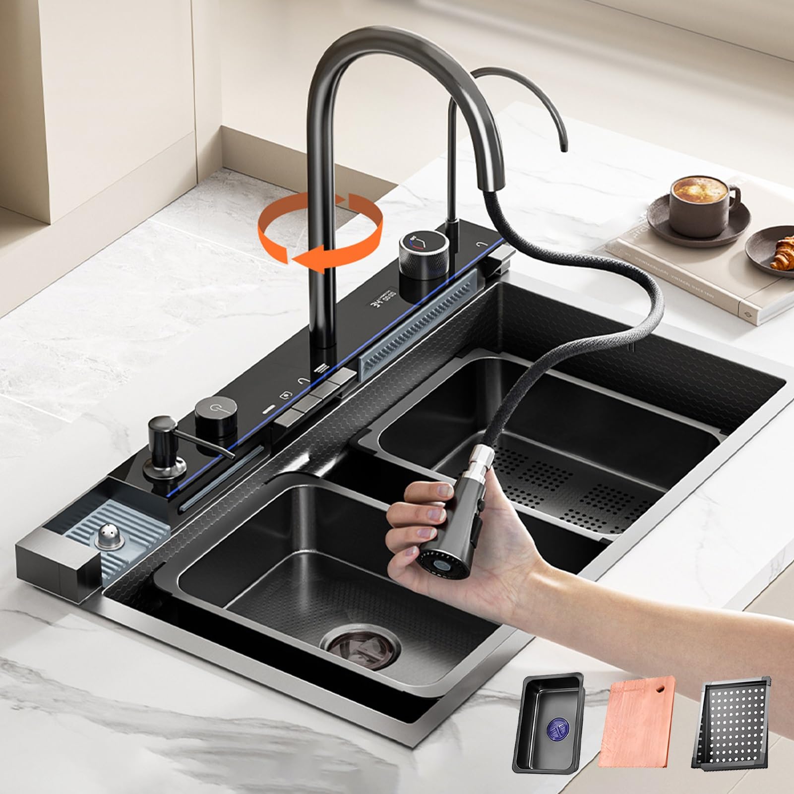 ZQFHSX Nano Workstation Sink, Smart Kitchen Sink with Temperature Display, Stainless Steel Single Waterfall Drop in Accessories, Pull-Out Faucet(Black,75cm)
