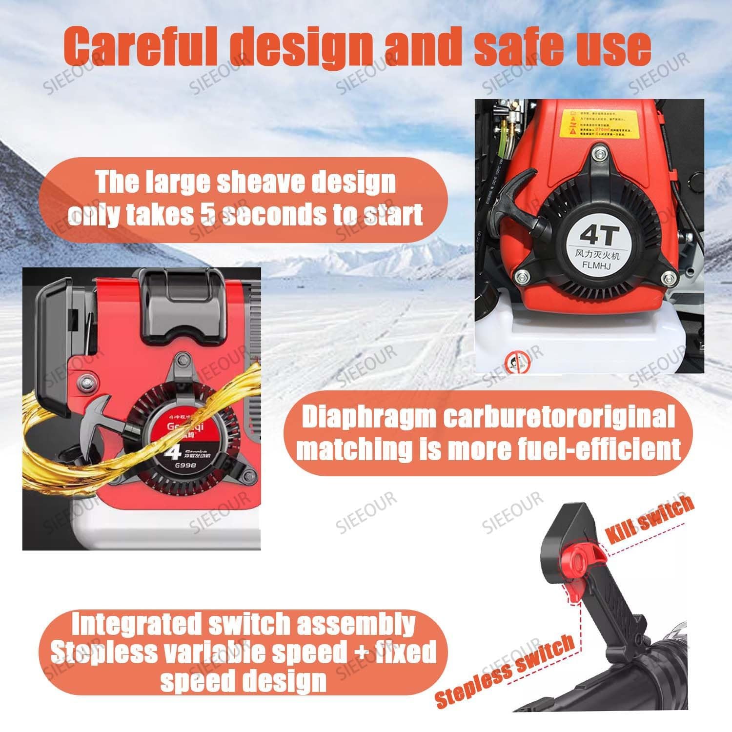 Soplador de hojas de mochila resistente con flujo de aire de 1700 m³/H, motor de 4 tiempos, potencia de 4,5 kw, para limpieza de nieve y trabajo de jardín