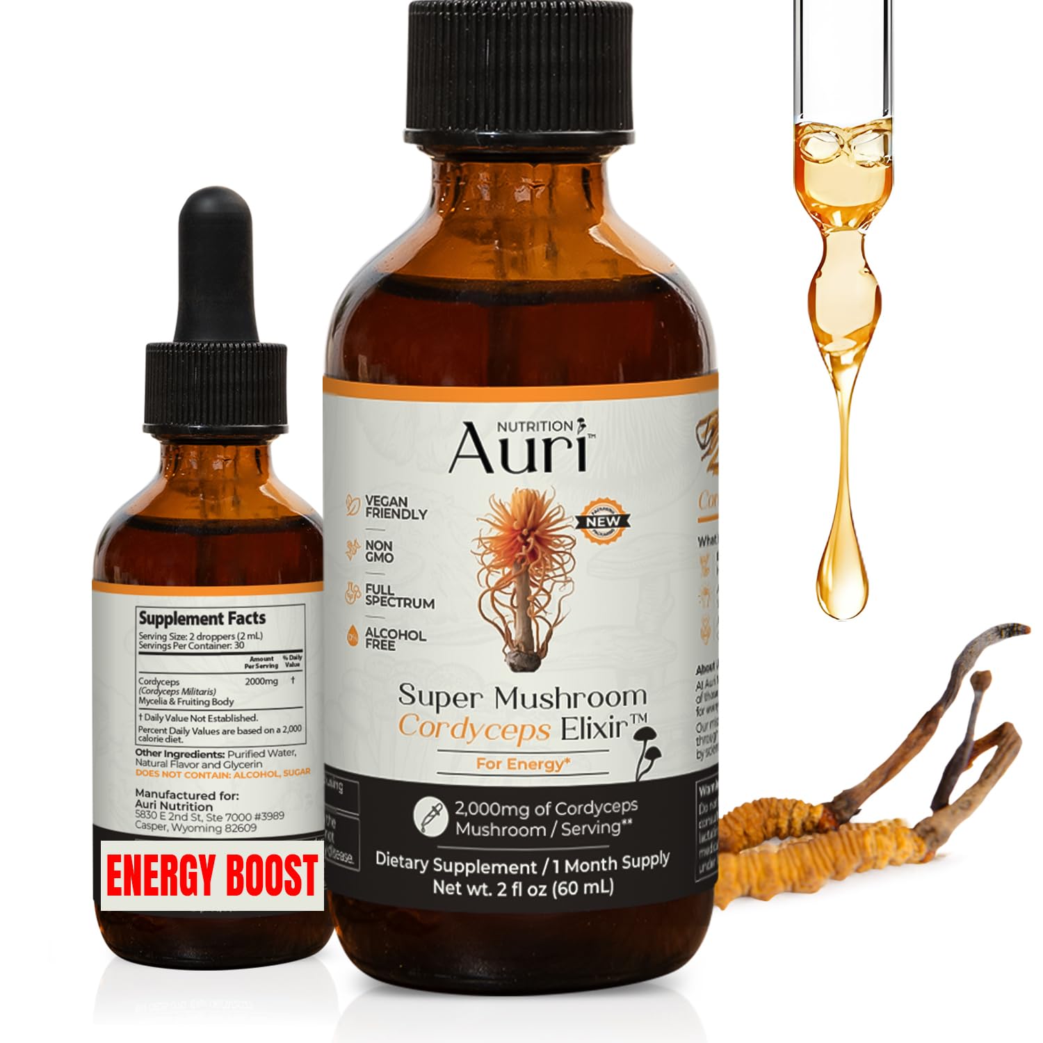 Auri Nutrition Super Mushroom Cordyceps Elixir for Stamina, Natural Energy, Youthfulness and Longevity with Full Spectrum Support - Cordyceps Tincture 60 ml 72 Count (Pack of 1)