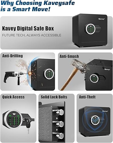 Miniatura 4 de Kavey Caja fuerte de 1.2 cachorros, caja fuerte para el hogar con teclado digital y sistema de alarma doble, caja fuerte para dinero con función de