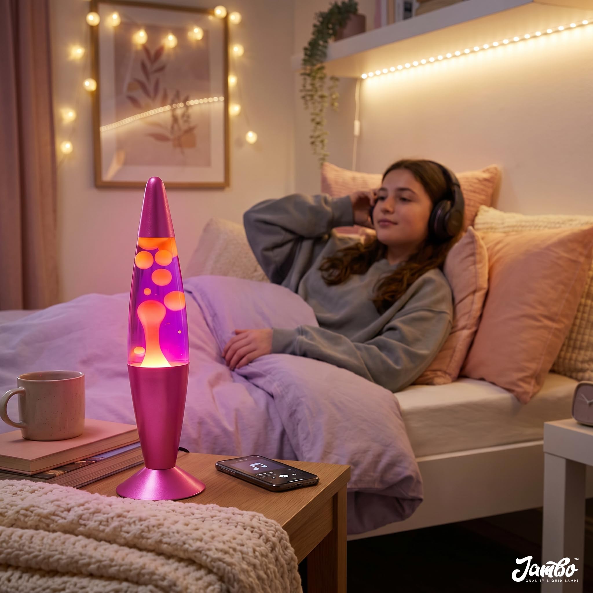 Jambo Lámpara líquida con flujos de Cera como Lava, lámparas frías, Luces nocturnas para niños, Adultos, Adolescentes (16 Pulgadas, Base Rosa, líquido Morado, Cera Amarilla)